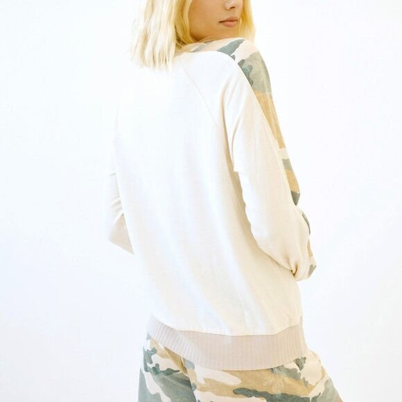 MYSTREE Cream Camo Sleeve Pullover Top Long Sleeve Lightweight Lounge Sweatshirt - Picture 8 of 9